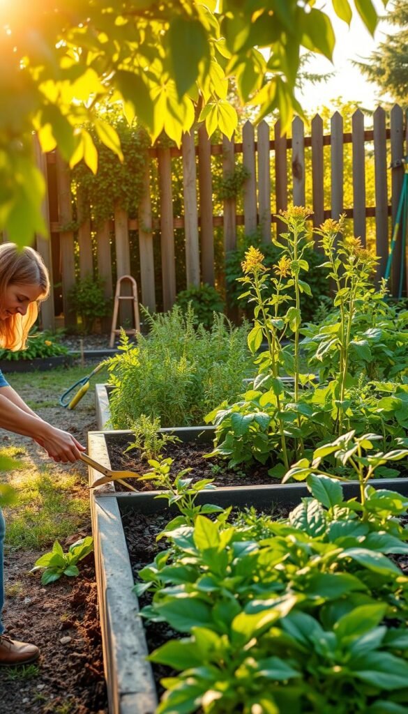 A lush, well-maintained garden in the soft, golden glow of the afternoon sun. In the foreground, a gardener carefully tends to a raised garden bed, pruning and weeding with precision. The middle ground reveals a diverse array of thriving plants, their leaves gently swaying in a light breeze. In the background, a picturesque wooden fence frames the scene, with a few scattered garden tools nearby. The overall atmosphere is one of tranquility and nurturing, inviting the viewer to immerse themselves in the peaceful rhythm of gardening.