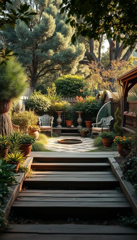 A lush, well-manicured garden with a serene, natural atmosphere. In the foreground, a series of wooden steps lead the viewer through the transformation process, showcasing the transition from an overgrown, unkempt space to a harmonious blend of vintage and modern elements. The middle ground features strategically placed potted plants, ornamental garden décor, and a small water feature that gently reflects the light. In the background, a mix of mature trees and shrubs creates a sense of depth and enclosure, contributing to the timeless, cohesive aesthetic. The lighting is soft and diffused, casting warm, golden hues across the entire scene, evoking a sense of tranquility and nostalgia. Captured with a wide-angle lens to emphasize the overall garden transformation journey.
