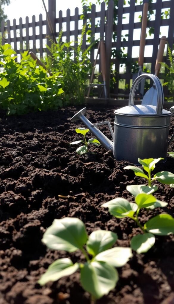 A lush, well-tended garden bed against a backdrop of a warm, sunlit day. In the foreground, moist, dark soil is carefully tilled, ready to receive new plant life. Beside it, a rustic watering can sits, its metal surface gleaming, poised to nourish the earth. Soft shadows cast by the can and plants create a sense of depth and texture. The middle ground shows neatly arranged gardening tools, their wooden handles worn from use, hinting at the care and attention given to this space. In the distance, a picturesque fence or trellis frames the scene, suggesting a tranquil, inviting environment for new growth and flourishing blooms.