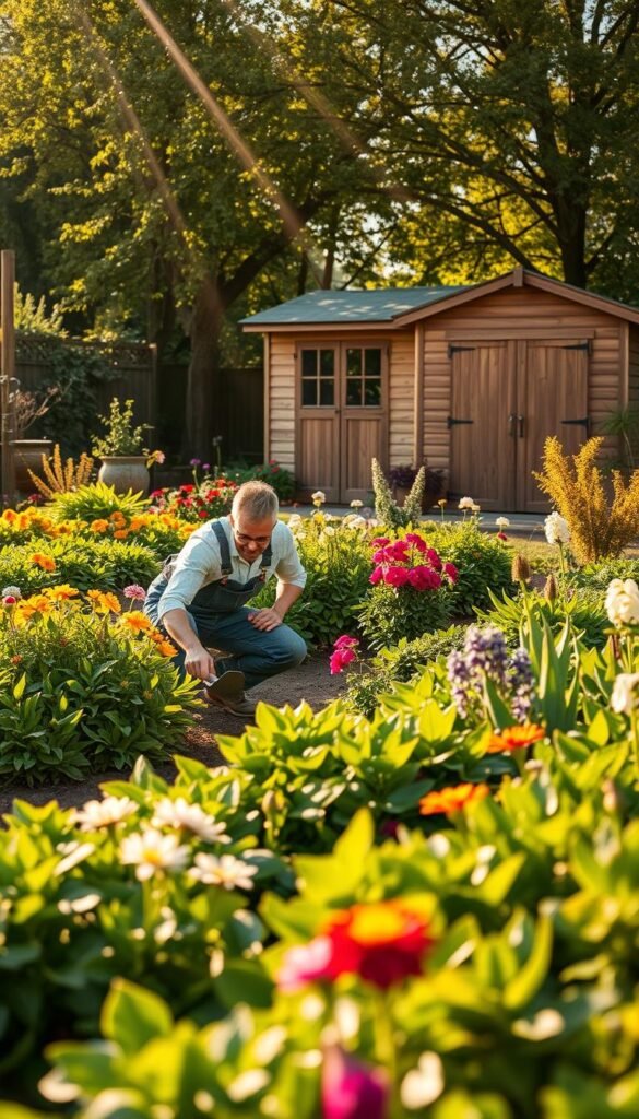 A lush, well-tended garden in the middle of spring. In the foreground, a gardener in overalls kneels among the vibrant flowers, tending to the soil with a small trowel. The middle ground features a variety of healthy, thriving plants - leafy greens, colorful blooms, and neatly pruned shrubs. In the background, a wooden shed stands, casting warm, golden light across the scene. Rays of sunshine filter through the canopy of trees, creating a soft, inviting atmosphere. The overall impression is one of diligent, year-round care and a harmonious, flourishing outdoor space.