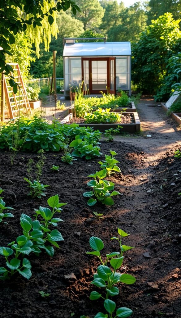A lush, well-tended garden with a meandering path inviting exploration. In the foreground, various healthy plants and soil textures reveal the vibrant ecosystem. The middle ground showcases a raised garden bed, its structure and materials hinting at thoughtful layout and design. In the background, a shed or greenhouse stands, casting warm, golden light across the scene. Gentle shadows play across the ground, creating depth and dimension. The overall composition conveys a sense of harmony, balance, and the careful assessment of an experienced gardener, ready to nurture the soil for the coming season.