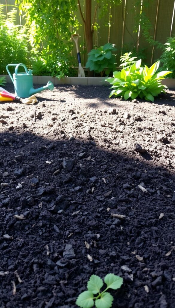 A lush, well-tended no-dig garden bed with a thick layer of rich, dark compost covering the soil surface. The bed is situated in a sunlit, peaceful backyard setting, with garden tools and a watering can nearby. Soft, natural lighting filters through the surrounding foliage, casting gentle shadows and highlighting the textures of the soil and compost. The image conveys a sense of sustainable, low-maintenance gardening, inviting the viewer to imagine the bountiful harvest that will emerge from this carefully cultivated plot.