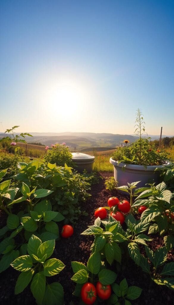 A lush, well-tended organic garden thriving with vibrant, healthy plants. In the foreground, a variety of leafy greens, vibrant tomatoes, and fragrant herbs are growing in rich, dark soil. The middle ground reveals a compost bin, surrounded by flowering plants that attract pollinators. In the background, a serene landscape with rolling hills, a clear blue sky, and the sun casting a warm, golden glow over the entire scene. The atmosphere is one of harmony, sustainability, and the joy of nurturing a self-sustaining ecosystem. A wide-angle lens captures the full scope of this verdant, pesticide-free paradise.