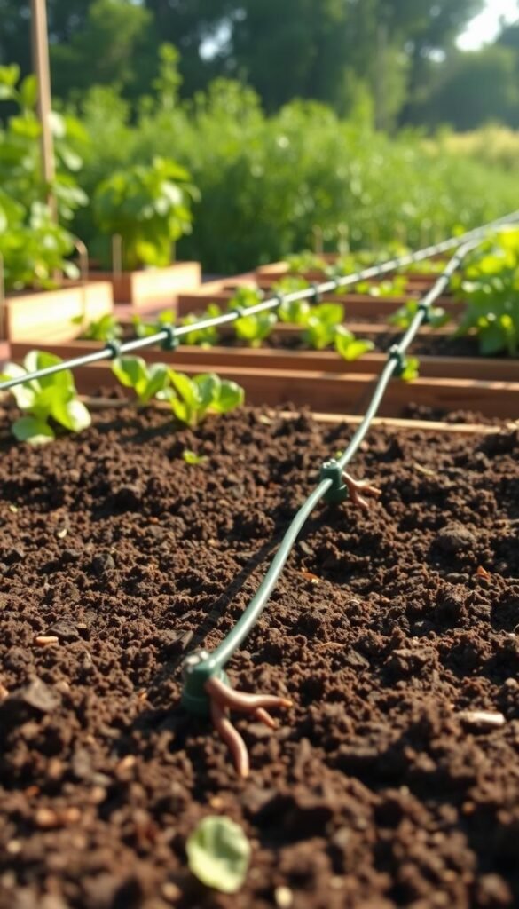 A lush, well-tended vegetable garden with a meticulously designed irrigation system. The foreground features a close-up view of nutrient-rich, dark brown soil, with hints of organic matter and earthworms visibly improving the soil structure. In the middle ground, a series of neatly arranged raised garden beds, each with a drip irrigation line running through them, ensuring efficient water distribution. The background showcases a verdant, thriving garden, with leafy greens and vibrant vegetables flourishing under the warm, even lighting of the sun, casting subtle shadows and creating a serene, productive atmosphere. The overall composition emphasizes the importance of healthy soil and a well-planned irrigation system for maximizing yield in a square foot garden.
