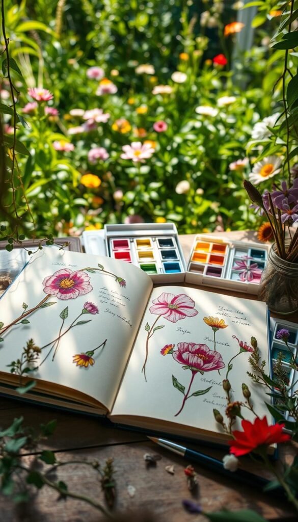 A lush, whimsical garden journal filled with intricate botanical illustrations, pressed flowers, and colorful hand-lettered notes. In the foreground, an open journal showcases meticulously detailed sketches of vibrant blooms, their petals delicately rendered. Trailing vines and delicate stems frame the journal, creating a sense of natural abundance. The middle ground features an assortment of art supplies - watercolor paints, calligraphy pens, and delicate botanical specimens carefully arranged. The background depicts a sun-dappled garden, bursting with lush greenery and a variety of flowering plants. Soft, warm lighting illuminates the scene, evoking a sense of creativity, wonder, and connection to the natural world.