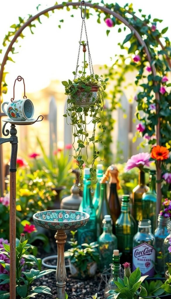 A lush, whimsical garden scene showcases an array of upcycled treasures. In the foreground, a quirky bird feeder crafted from repurposed kitchen tools perches atop a weathered garden stake. Cascading vines spill from a hanging planter made from an old teacup, while a mosaic-tiled birdbath glistens in the soft, golden light. In the middle ground, a cluster of vintage glass bottles and jars serve as eclectic flower vases, their vibrant blooms adding pops of color. In the background, a shabby-chic garden arch adorned with trailing ivy frames the scene, creating a sense of enchantment. Rustic, earthy tones and a touch of whimsy evoke the charm of a flea market find transformed into a delightful garden oasis.