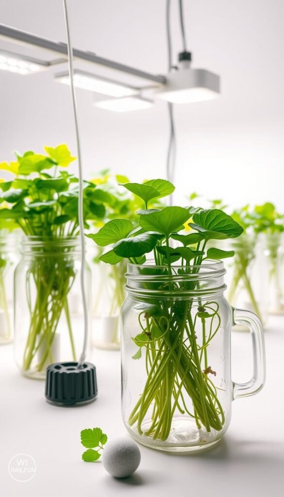 A mason jar filled with lush green plants, arranged with various hydroponic accessories such as air stones, grow lights, and clear tubing, all captured in a bright, airy studio setting. The foreground features the intricate details of the system, with the middle ground showcasing a collection of jars in different stages of growth. The background is a clean, minimalist white backdrop, allowing the hydroponic setup to be the focal point. Soft, even lighting casts a natural glow, highlighting the verdant foliage and creating a sense of balance and harmony. The overall mood is one of innovative, eco-friendly gardening, showcasing an affordable, DIY approach to hydroponic systems.