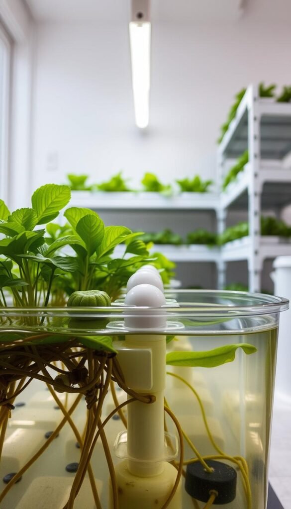 A meticulously crafted hydroponic setup, showcasing a deep water culture system in a bright, natural-lit indoor environment. The foreground features a transparent grow tub filled with nutrient-rich water, housing lush, verdant plants thriving in their submerged roots. The middle ground highlights the aeration system, with air stones gently bubbling to oxygenate the water. The background displays shelving or racks, providing ample space for additional grow tubs, creating a harmonious, organized hydroponic garden. Soft, diffused lighting from above illuminates the scene, casting a serene, calming atmosphere. The overall composition conveys a sense of efficiency, sustainability, and the rewarding nature of small-space hydroponic gardening.