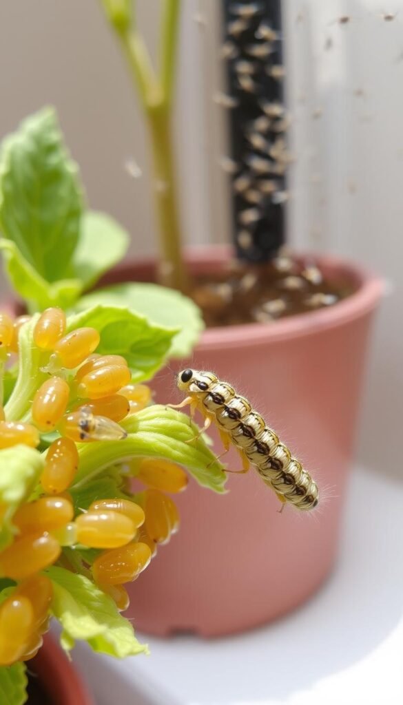 A meticulously detailed macro photograph of common balcony garden pests, set against a soft, blurred background. In the foreground, a cluster of aphids feasting on tender foliage, their translucent bodies glistening. In the middle ground, a voracious caterpillar munching on a leaf, its intricate patterns and textures clearly visible. In the background, a swarm of tiny gnats hovers around a potted plant, their delicate wings beating in a hypnotic dance. Soft, natural lighting casts subtle shadows, highlighting the pests' forms and textures. The overall scene conveys a sense of the careful observation and study of these often-overlooked garden inhabitants.