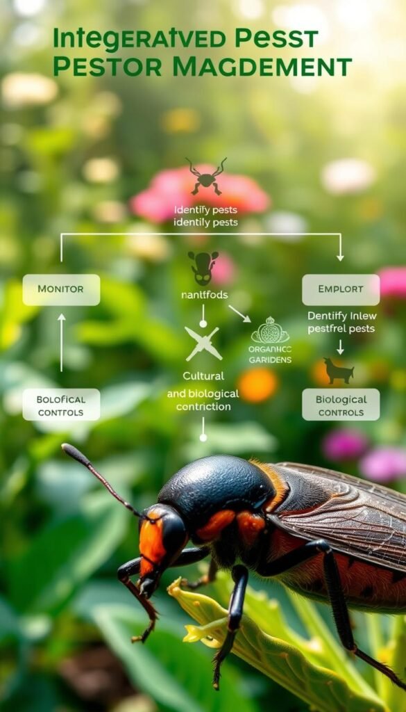 A meticulously illustrated diagram showcasing the steps of integrated pest management in an organic garden. In the foreground, a magnified close-up of a beneficial insect, its delicate features rendered in vibrant detail. The midground depicts a sequence of actions - monitoring, identifying pests, employing cultural and biological controls. The background features a lush, verdant garden, bathed in soft, natural light, with hints of flowering plants and verdant foliage. The overall composition conveys a sense of balance, sustainability, and the harmony between natural pest control methods and a thriving, healthy ecosystem.