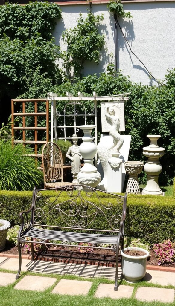 A meticulously manicured garden, its harmonious design interrupted by jarring juxtapositions of vintage and modern elements. In the foreground, a rustic wrought-iron bench clashes with sleek, minimalist planters, creating a dissonant visual. The middle ground showcases a haphazard arrangement of weathered trellises and contemporary garden sculptures, their styles at odds. The background reveals an overgrown border, where untamed foliage threatens to encroach upon the mismatched décor, evoking a sense of disarray. The lighting is harsh, casting harsh shadows that accentuate the design flaws. This image conveys the pitfalls of blending vintage and modern elements in a garden, serving as a cautionary tale for the timeless garden look.