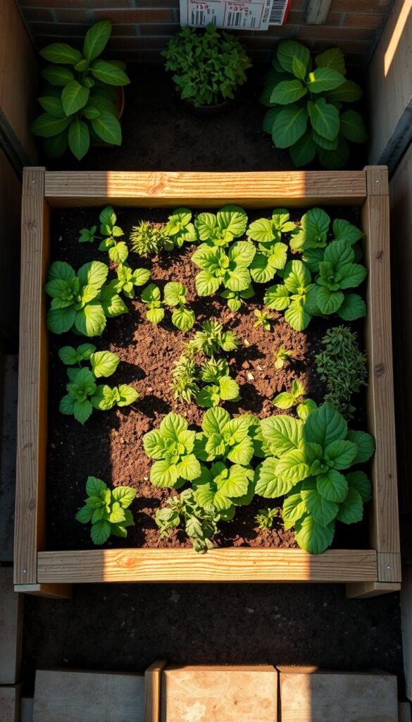 A minimalist, top-down perspective of a raised garden bed for small spaces. The wooden frame is constructed from rustic, weathered planks, standing in a neatly tilled patch of soil. Inside the bed, a variety of vibrant green leafy vegetables and herbs thrive, arranged in a grid-like pattern. Warm, natural lighting bathes the scene, casting gentle shadows that accentuate the textural details. The background is a blurred, out-of-focus urban setting, hinting at the confined space. The overall mood is one of serene productivity, showcasing an efficient, budget-friendly way to grow a bountiful garden in limited areas.