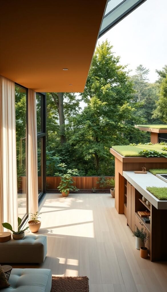 A modern eco-friendly home with a warm, natural aesthetic. The foreground features an elegant, minimalist living room with floor-to-ceiling windows framing a lush, verdant garden. Sunlight filters through sheer curtains, casting a soft, mellow glow. The middle ground showcases a spacious, open-concept kitchen with sleek, wooden cabinetry and a central island. Potted plants and a skylight add to the serene, nature-inspired ambiance. In the background, the exterior of the home is adorned with clean, geometric lines, natural wood siding, and a green, living roof, blending seamlessly with the surrounding landscape. The overall mood is one of tranquility, sustainability, and contemporary design.