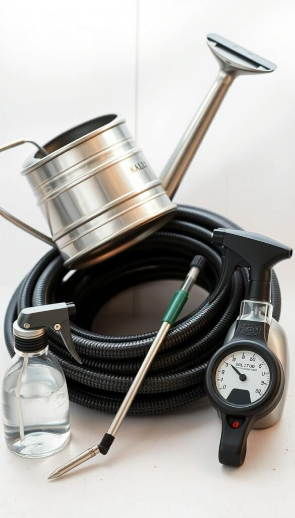 A neatly arranged collection of essential watering tools for a thriving garden: a metal watering can with a long spout, a heavy-duty garden hose coiled and ready, a small spray bottle filled with water, and a moisture meter to check soil hydration levels. The items are set against a light, airy background, perhaps a wooden table or a rustic backdrop, bathed in soft, natural lighting to highlight their practical yet attractive design. The overall scene conveys a sense of organization, efficiency, and the care required to maintain a healthy, vibrant garden.