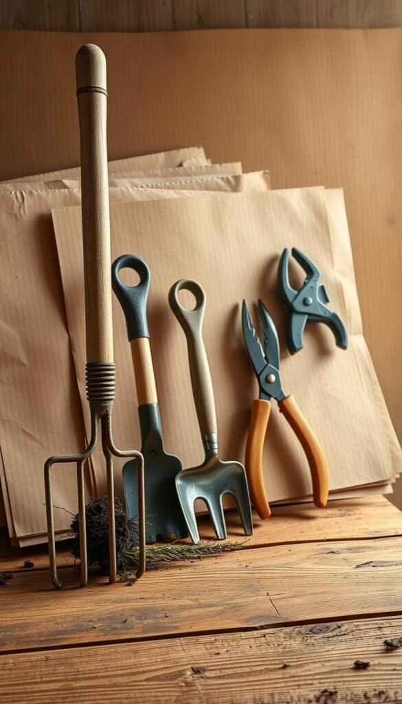 A neatly arranged composition of no-till gardening tools and cardboard on a wooden surface, illuminated by warm, diffused natural light. In the foreground, a pitchfork, a trowel, and a hand cultivator stand upright, their textures and details clearly visible. Behind them, sheets of corrugated cardboard lie flat, ready to be used for effective mulching and weed suppression. The middle ground features a gardening hoe and a pair of pruning shears, positioned to suggest their practical application in no-till techniques. The background is softly blurred, creating a sense of depth and focus on the essential tools and materials for implementing no-till methods in a fall garden preparation.