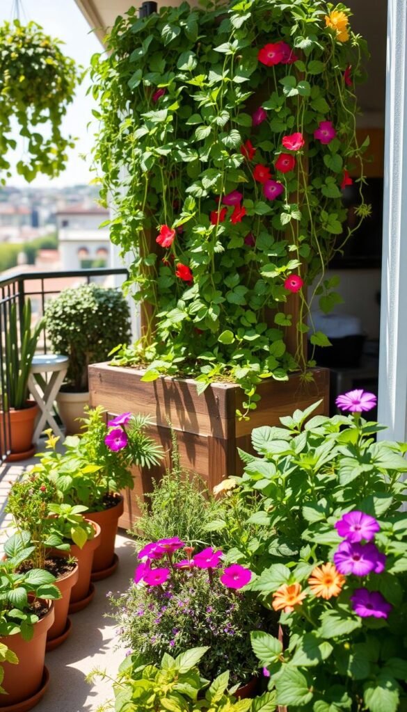 A neatly arranged container garden with lush greenery and vibrant blooms. In the foreground, a variety of potted plants, including herbs, leafy greens, and colorful flowers, are strategically placed on a small balcony or patio. The mid-ground features a wooden planter box bursting with cascading vines and trailing plants, creating a visually appealing vertical element. The background showcases a bright, sun-dappled outdoor space, with a hint of a cozy living area or urban landscape in the distance. The lighting is soft and natural, casting a warm, inviting glow over the scene. The overall composition conveys a sense of harmony, efficiency, and a thriving, self-sufficient home garden.