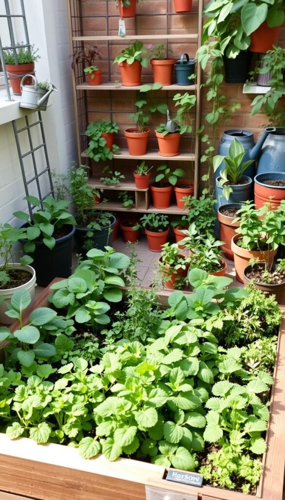 A neatly arranged small-scale vegetable garden layout, with a focus on efficient space utilization. The foreground features a raised garden bed filled with various leafy greens, herbs, and compact vegetable varieties, strategically positioned to maximize the limited space. The middle ground showcases a series of vertical garden structures, such as tiered planters and trellises, supporting climbing vines and space-saving plants. In the background, a mix of potted plants and small-scale gardening accessories, including watering cans and garden tools, create a cohesive and visually appealing scene. The lighting is soft and natural, highlighting the lush, vibrant foliage and the overall sense of a well-planned, harmonious garden design for a cozy, urban setting.