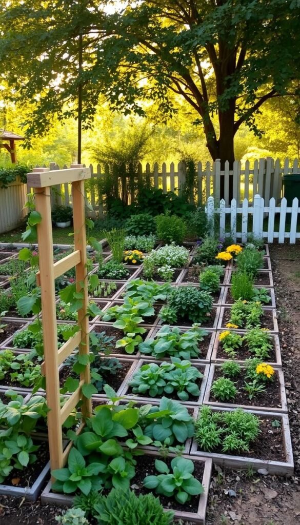 A neatly arranged square foot garden in a lush, backyard setting. The garden beds are divided into 1-foot squares, with a variety of colorful vegetables, herbs, and flowers thriving in each compartment. Warm, natural sunlight filters through a canopy of trees, casting a soft, even glow over the scene. The layout is meticulously planned, showcasing the principles of efficient space utilization and companion planting. In the foreground, a wooden trellis supports climbing vines, while in the background, a picket fence delineates the garden's boundaries. The overall atmosphere is one of harmony, productivity, and a deep connection to the rhythms of nature.
