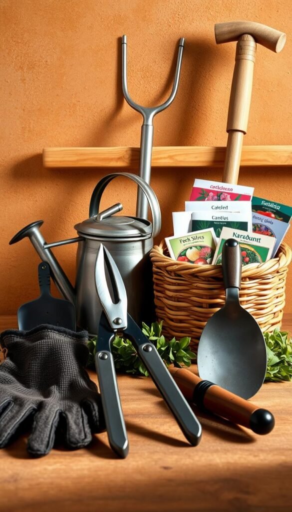 A neatly arranged still life of essential gardening tools against a warm, earthy backdrop. In the foreground, a pair of sturdy gardening gloves, pruning shears, and a hand trowel cast soft shadows. In the middle ground, a watering can and a garden hoe stand upright, their metallic surfaces catching the gentle natural light. The background features a woven basket, filled with packets of various vegetable and flower seeds, complemented by the muted tones of a wooden potting bench. The overall composition conveys a sense of practicality and the joys of cultivating a thriving garden, perfect for the beginner gardener.