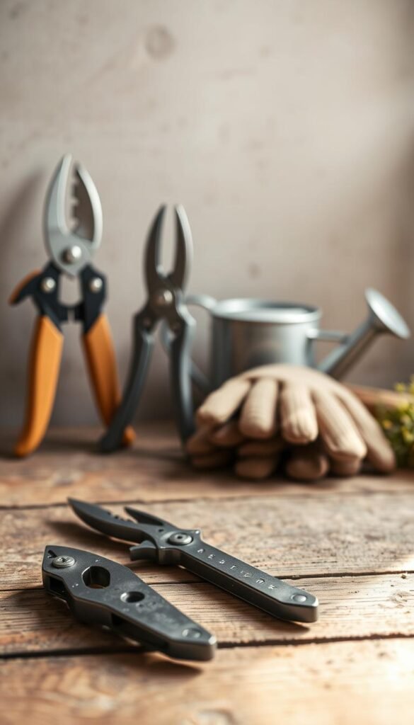 A neatly arranged still life of minimal pruning tools for an urban garden, bathed in soft, natural light. In the foreground, a small pair of pruning shears, their blades gleaming, rests on a weathered wooden surface. Behind them, a compact hand pruner and a small folding saw stand upright, their handles textured for a secure grip. In the middle ground, a pair of gardening gloves in a neutral tone sit alongside a small watering can, hinting at the care and attention required for urban greenery. The background features a muted, natural-toned backdrop, allowing the tools to take center stage and convey a sense of simplicity and efficiency for the busy city gardener.