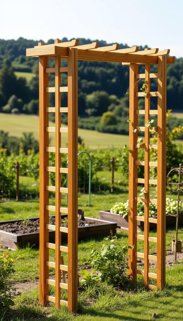 A neatly constructed garden trellis stands proudly in the foreground, its sturdy wooden frame and intricate lattice work providing the perfect support for climbing vines. The trellis is bathed in warm, natural sunlight, casting gentle shadows across the well-tended garden beds in the middle ground. In the background, a lush, verdant landscape unfolds, hinting at the potential for the trellis to become a stunning focal point in this tranquil, outdoor oasis. The scene is captured with a crisp, high-resolution lens, highlighting the meticulous craftsmanship and inviting the viewer to imagine the beauty that will unfold as the vines slowly climb and adorn the trellis.