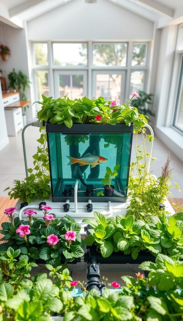 A neatly organized layout plan for a home aquaponics system, featuring a centralized fish tank surrounded by lush, verdant plants in various stages of growth. The foreground showcases a carefully designed planting arrangement, with leafy greens, herbs, and vibrant flowers thriving in a symbiotic relationship. The middle ground reveals the interconnected water pipes and pumps that facilitate the circulation of nutrient-rich water, while the background depicts a spacious, light-filled room with large windows, allowing natural sunlight to bathe the aquaponics setup. The entire scene exudes a sense of tranquility and balance, inviting the viewer to envision the harmonious fusion of aquaculture and horticulture within a home environment.