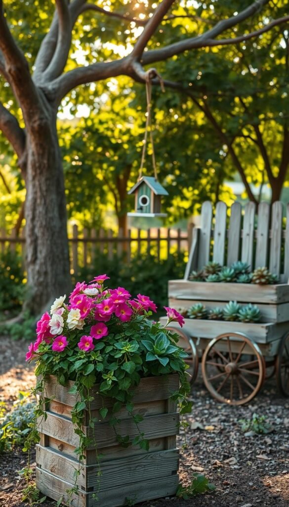 A peaceful garden scene showcasing a variety of DIY projects. In the foreground, a rustic wooden planter overflows with vibrant blooms, its surface weathered with age. Trailing vines and lush greenery cascade down the sides, softening the planter's edges. In the middle ground, a charming birdhouse hangs from a gnarled tree branch, its quaint design blending seamlessly with the natural surroundings. In the background, a repurposed vintage wagon stands, its weathered boards now a canvas for a delightful succulent display. Warm, golden sunlight filters through the canopy of leaves, casting a serene glow across the entire scene. The atmosphere is one of tranquility, inviting the viewer to imagine crafting their own unique garden oasis.