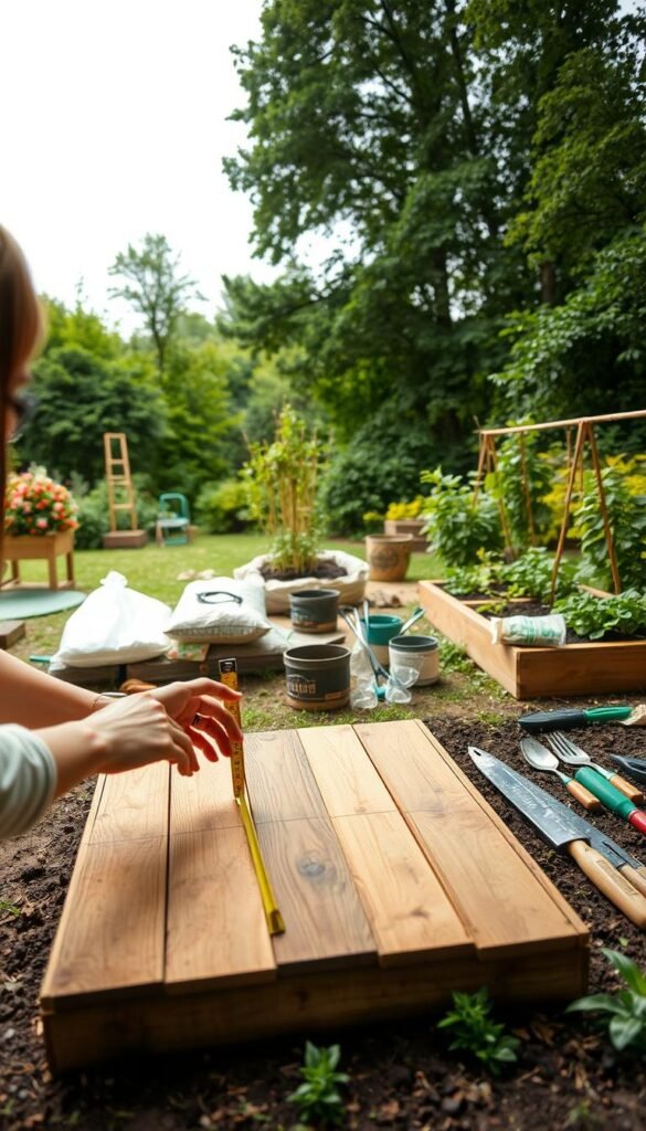 A peaceful garden setting, with a person intently assessing the available space and materials for a raised bed gardening project. The foreground shows their hands carefully measuring the dimensions of the planting area, examining the texture and quality of the wood planks laid out nearby. The middle ground reveals an assortment of gardening tools, soil bags, and other supplies in an organized arrangement. The background depicts a lush, verdant backdrop of trees and shrubs, conveying a sense of tranquility and connection to nature. The lighting is soft and diffused, creating a serene, contemplative atmosphere as the person plans their sustainable gardening setup.