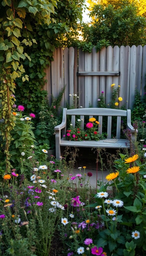 A peaceful, low-maintenance garden oasis with a charming cottagecore aesthetic. In the foreground, a lush, overgrown garden bed overflows with a variety of colorful, wildflowers and fragrant herbs. Trailing vines and cascading foliage add a natural, untamed element. The middle ground features a rustic wooden bench surrounded by a mix of flowering perennials and leafy greens, creating a cozy seating area. In the background, a quaint, weathered wooden fence is partially obscured by the vibrant garden, evoking a secluded, fairytale-like atmosphere. Warm, soft lighting filters through the verdant foliage, casting a dreamy, golden glow over the entire scene. The overall mood is one of effortless, charm and relaxation.