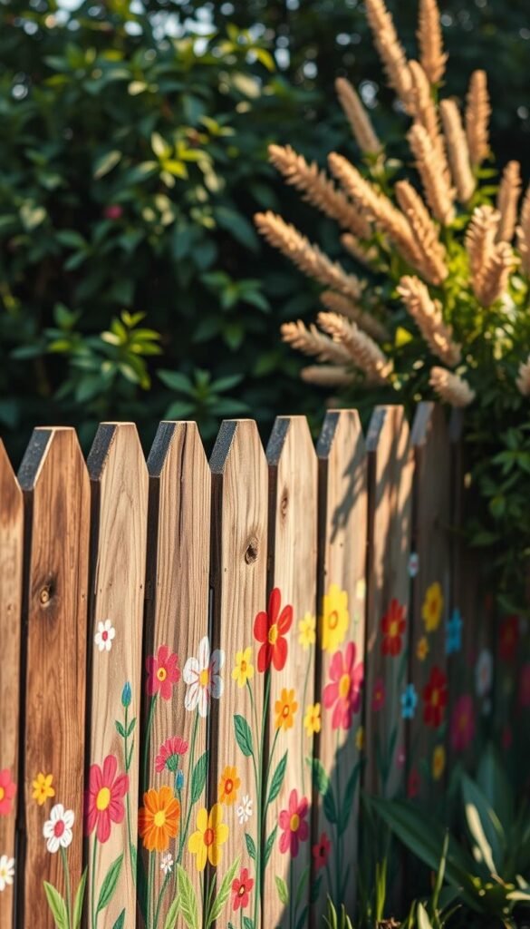 A picturesque garden fence, adorned with a vibrant, hand-painted floral design. The foreground showcases a whimsical array of colorful blooms, delicately brushed onto the weathered wooden panels. The middle ground features a backdrop of lush, verdant foliage, creating a serene and nature-inspired setting. The lighting is soft and diffused, casting a warm, golden glow that enhances the organic textures and hues. The overall composition evokes a charming, homemade aesthetic, perfectly capturing the essence of budget-friendly, DIY gardening ideas.