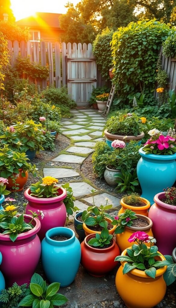 A quirky garden with vibrant planters and lively foliage, captured under the warm glow of a golden hour sunset. In the foreground, a collection of mismatched, whimsical ceramic pots in a rainbow of colors - turquoise, fuchsia, mustard yellow - overflowing with cascading vines and blooming flowers. The middle ground features a meandering stone path flanked by lush, overgrown beds brimming with playful, haphazardly-planted greenery. In the background, a charming weathered fence frames the scene, with a glimpse of a cozy garden shed beyond. The lighting is soft and diffused, casting a gentle, inviting atmosphere across the entire composition.
