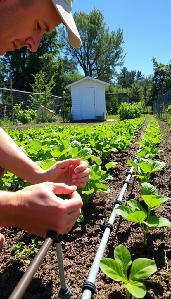 A rural backyard garden, the midday sun shining bright. In the foreground, a person kneels beside a drip irrigation system, closely inspecting a section of tubing. Their hands gently manipulate the components, checking for any signs of wear or blockages. The middle ground reveals the lush, verdant plants thriving under the targeted water delivery, their leaves glistening with moisture. In the background, a small storage shed stands, hinting at the gardener's well-stocked toolkit for maintaining this efficient, sustainable irrigation setup. The scene conveys a sense of diligent care and attention, essential for the long-term success of a thriving DIY drip irrigation system.