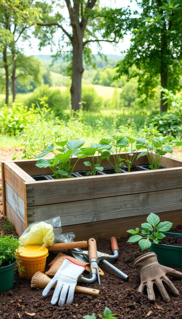 A rustic and budget-friendly raised garden bed, featuring a wooden frame constructed from reclaimed lumber, surrounded by a lush and vibrant vegetable garden. The wooden slats are weathered and textured, creating a charming, natural aesthetic. In the foreground, various gardening tools and materials, such as potting soil, seedlings, and gardening gloves, are neatly arranged, conveying a sense of practicality and organization. The middle ground showcases the carefully tended plants, their leaves and stems casting soft, natural shadows on the raised bed. In the background, a lush, verdant landscape with towering trees and a serene sky, creating a calming and peaceful atmosphere.