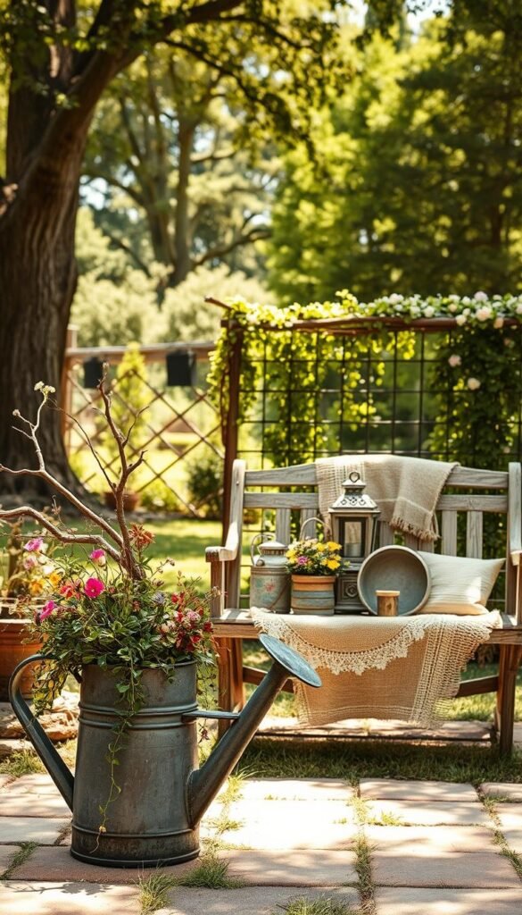 A rustic, sun-dappled backyard scene featuring an assortment of repurposed, eco-friendly garden decor items. In the foreground, an old watering can overflows with cascading vines and wildflowers. Beside it, a vintage wheelbarrow holds an eclectic mix of found objects - a gnarled tree branch, tarnished lanterns, and a mosaic of broken ceramic tiles. In the middle ground, a distressed wooden bench is adorned with a patchwork of recycled materials - burlap, lace, and weathered barn wood. The background showcases a lush, verdant garden backdrop with towering trees and a picturesque trellis draped in flowering vines. Soft, golden lighting filters through the scene, creating a warm, inviting ambiance.