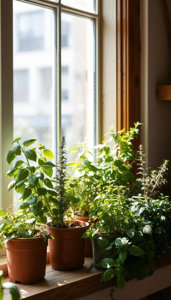 A selection of lush, thriving indoor herbs, bathed in soft, natural lighting streaming through a large window. A diverse arrangement of potted basil, rosemary, thyme, and oregano sit on a rustic wooden windowsill, their vibrant foliage gently swaying. The scene exudes a sense of tranquility and culinary inspiration, inviting the viewer to envision the flavorful dishes that could be crafted with these fragrant, low-maintenance companions. The image captures the essence of an urban kitchen, where these hardy, easy-to-grow herbs flourish, providing year-round access to fresh, homegrown flavor.