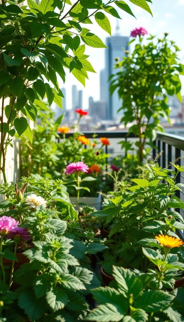 A serene balcony garden bathed in soft natural light, with vibrant green foliage and colorful blooms. In the foreground, a variety of eco-friendly pest control methods are artfully displayed - companion plants, insect hotels, and natural repellents. The middle ground showcases a diverse array of beneficial insects like ladybugs, lacewings, and predatory mites, working in harmony to maintain a balanced ecosystem. In the background, the city skyline is visible, emphasizing the urban setting and the importance of sustainable gardening practices. The overall atmosphere is one of tranquility, resilience, and a deep connection to nature.