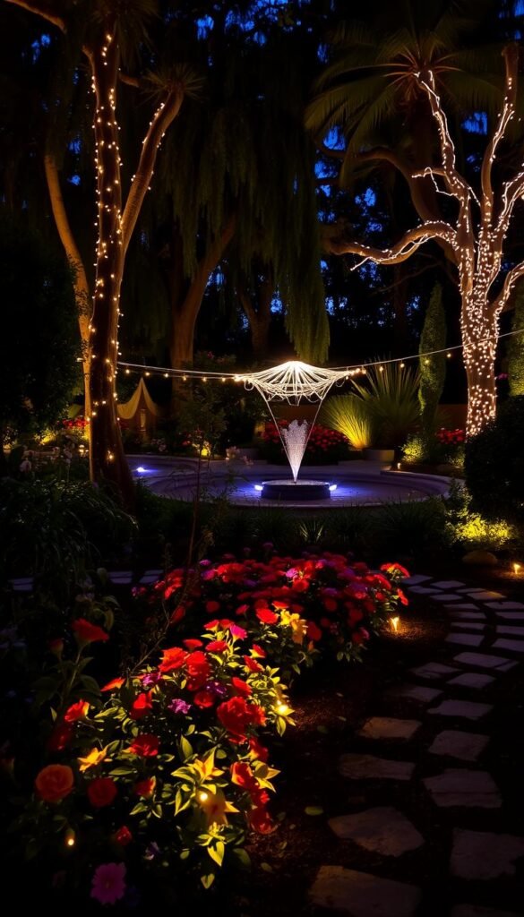 A serene evening garden, bathed in a warm, inviting glow. In the foreground, a meandering path lined with vibrant flowers and lush greenery, their colors softly illuminated by strategically placed fairy lights. The middle ground features a tranquil water feature, its surface reflecting the dancing lights above, creating a mesmerizing shimmer. In the background, towering trees sway gently, their branches adorned with delicate string lights, casting a magical ambiance over the entire scene. The overall atmosphere is one of enchantment, inviting the viewer to step into this serene oasis and experience the captivating beauty of an evening garden aglow.