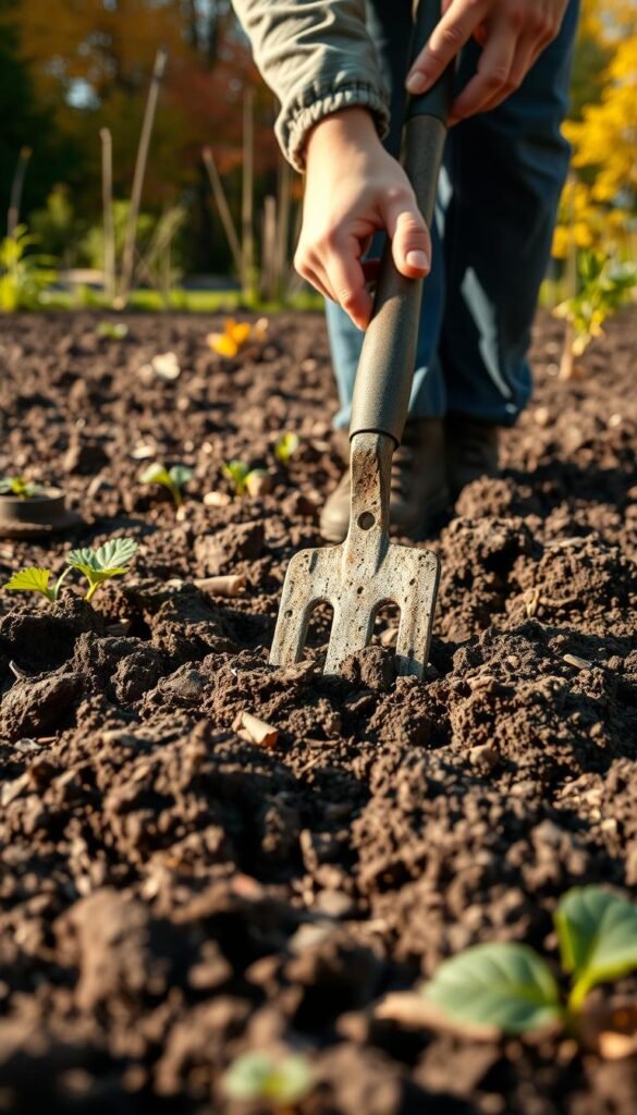 A serene garden in the fall, with a close-up view of a gardener gently loosening the soil with a hand cultivator. The earthy tones of the freshly turned soil contrast with the vibrant hues of the autumn foliage in the background. Soft, diffused natural lighting casts gentle shadows, highlighting the texture and structure of the soil. The gardener's hands are carefully and methodically working the earth, their movements conveying a sense of patience and reverence for the land. The overall scene evokes a feeling of tranquility and connection to the natural world, perfectly capturing the essence of no-till gardening in the fall as a means of preparing the soil for the spring season ahead.