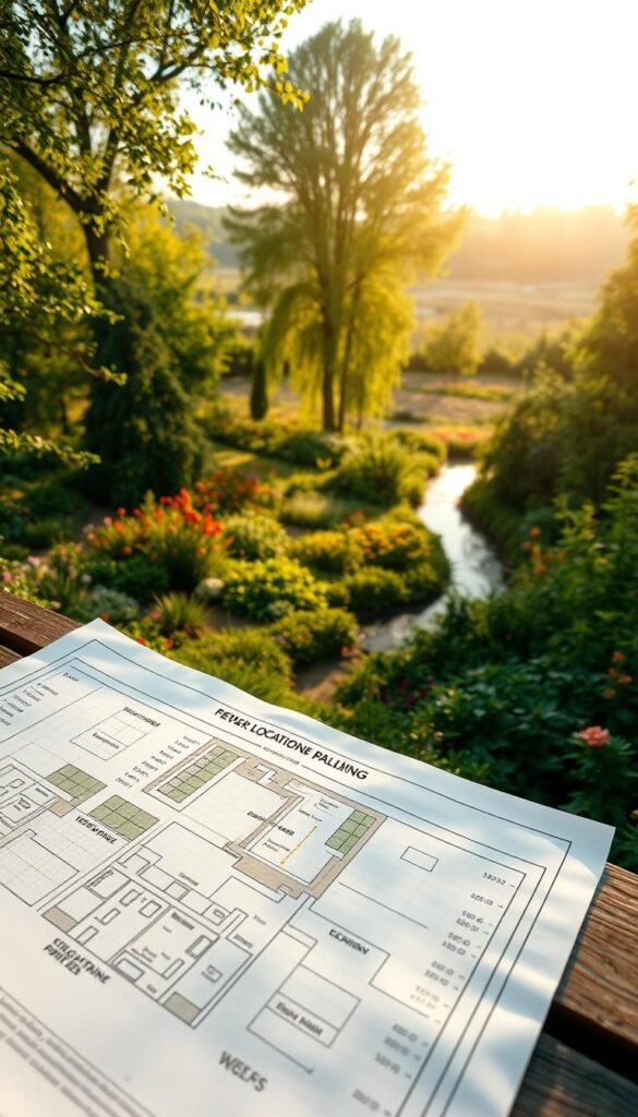 A serene garden location planning scene, captured from a high angle with a wide-angle lens. The foreground features a detailed layout plan, with meticulously drawn garden beds, paths, and designated areas for vegetables, herbs, and flowers. The middle ground showcases a lush, verdant landscape, with towering trees, vibrant blooms, and a meandering stream. The background is bathed in warm, golden sunlight, creating a tranquil and inviting atmosphere. The scene conveys a sense of careful consideration, with the layout plan guiding the viewer towards the perfect spot for an organic garden, where nature and human intention coexist in harmony.
