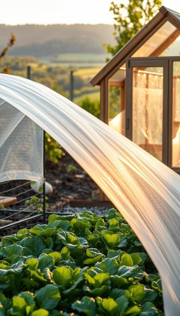 A serene garden scene showcasing the effectiveness of row covers and cold frames in protecting delicate plants. In the foreground, a lush bed of thriving vegetables, their leaves gently swaying beneath a transparent row cover stretched taut over a sturdy metal frame. Midground, a wooden-framed cold frame, its glass panes capturing the golden rays of the afternoon sun, creating a warm microclimate for seedlings and young plants. In the background, a backdrop of verdant foliage and a picturesque countryside, suggesting the tranquil harmony of nature and human ingenuity. The overall composition is bathed in a soft, diffused natural light, evoking a sense of peaceful productivity and the rewards of careful gardening.