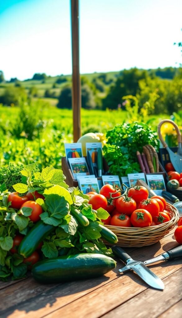 A serene garden scene with an array of vibrant vegetables neatly arranged on a wooden table. In the foreground, a basket overflows with fresh tomatoes, zucchini, and leafy greens. In the middle ground, various seed packets and gardening tools are meticulously displayed, showcasing the process of selecting the perfect vegetable varieties. The background depicts a lush, verdant landscape with a clear blue sky, creating a tranquil atmosphere. Soft, warm lighting illuminates the scene, casting gentle shadows and highlighting the natural textures of the produce. The overall composition evokes a sense of thoughtful curation and the joy of cultivating a thriving beginner's garden.
