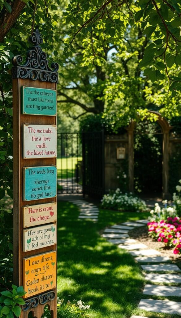A serene garden scene with sunlight filtering through lush foliage. In the foreground, an ornate wooden sign stands, its surface weathered by time. Hanging from the sign are various garden-themed messages, each painted with a delicate hand in vibrant hues. The messages convey sentiments of growth, renewal, and the tranquility found in nature. The middle ground features a winding stone pathway leading deeper into the garden, flanked by beds of colorful blooms. In the background, a wrought-iron garden gate frames a distant view of a mature tree canopy, casting dappled shadows across the scene. The overall atmosphere is one of peaceful contemplation, inviting the viewer to pause and consider the perfect inspirational quote to display in their own outdoor oasis.