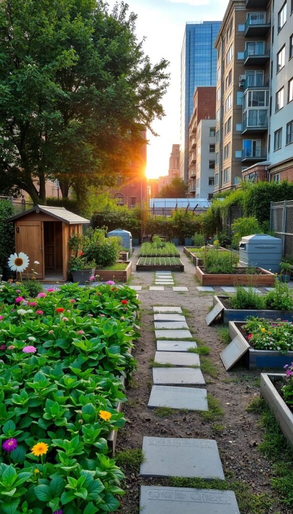 A serene garden site nestled in a tranquil urban setting. In the foreground, lush green vegetation, vibrant flowers, and neatly tended pathways invite exploration. The middle ground features a well-organized layout with raised garden beds, compost bins, and a wooden tool shed. In the background, a mix of modern and historic architecture creates a harmonious backdrop, with the warm glow of the afternoon sun casting a gentle, inviting light across the scene. The overall atmosphere conveys a sense of community, sustainability, and a connection to nature, making it the perfect setting for a thriving urban garden.