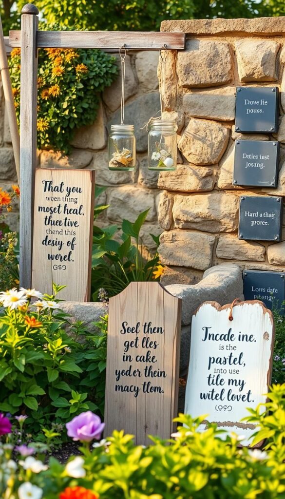 A serene outdoor garden scene with a variety of durable materials used to display inspirational gardening quotes. In the foreground, rustic wooden signs with hand-painted calligraphy quotes stand amidst lush greenery and colorful flowers. The midground features a metal trellis with hanging glass jars containing pressed botanicals, each bearing a thoughtful phrase. In the background, a weathered stone wall is adorned with slate tiles, each inscribed with an uplifting message. Warm, golden natural lighting filters through the scene, creating a welcoming, tranquil atmosphere. The composition emphasizes the harmony between the natural and man-made elements, showcasing how inspirational words can be beautifully integrated into an outdoor garden oasis.