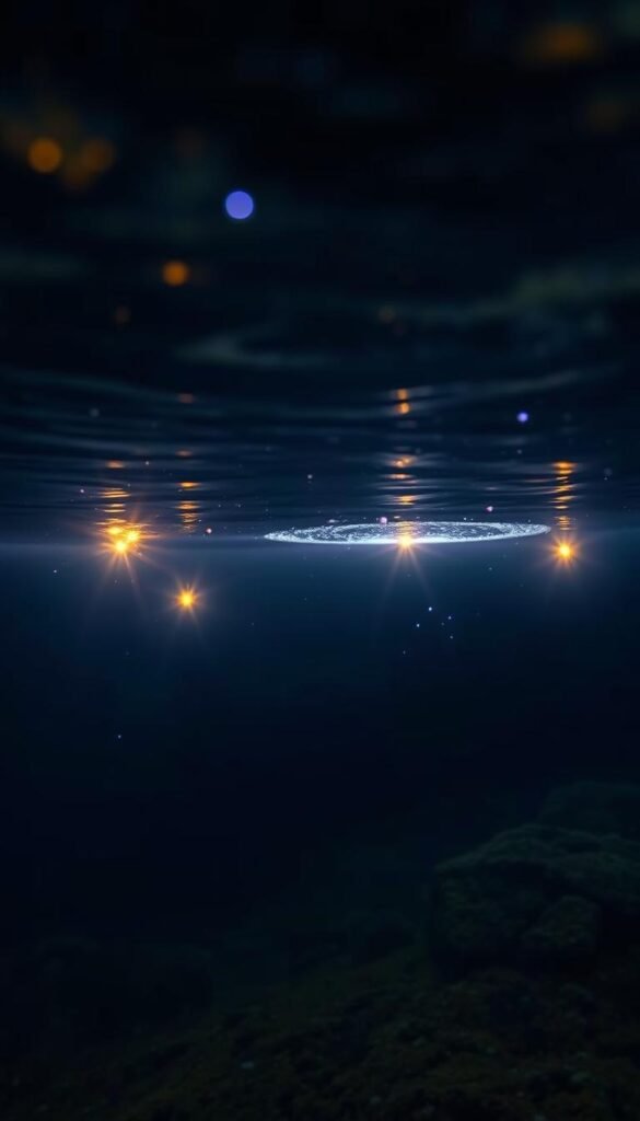 A serene underwater scene with a submerged lighting installation illuminating a tranquil water feature. The softly glowing lights create a mesmerizing, ethereal ambiance, casting a warm, enchanting glow on the gently rippling surface. The image is captured from a low angle, showcasing the reflections and refractions of the light on the water, evoking a magical, otherworldly atmosphere. The overall mood is one of peaceful wonder, perfectly complementing the article's theme of "Water Features and Fairy Lights: Creating a Magical Evening Garden".