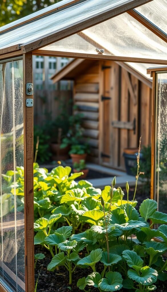A small backyard garden with a well-designed cold frame in the foreground, its clear glass panels capturing the warm sunlight. In the middle ground, lush vegetable plants thrive, their vibrant leaves and tender stems protected from the chill. The background features a cozy wooden shed, its weathered boards complementing the natural tones of the garden. Soft, diffused lighting illuminates the scene, creating a serene, almost magical atmosphere. The cold frame's sturdy construction and thoughtful placement showcase how simple techniques can extend the growing season and maximize the potential of even the smallest outdoor spaces.