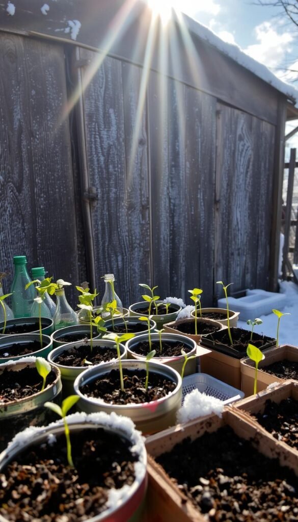 A snow-dusted garden shed, its weathered wooden boards adorned with frost. In the foreground, a collection of repurposed containers - plastic bottles, tin cans, and cardboard trays - filled with soil and nascent seedlings, ready to be sown amid the winter chill. Sunlight filters through wispy clouds, casting a soft, natural glow over the scene. The air is crisp and still, the only movement the gentle swaying of the delicate sprouts, poised to burst forth with the coming spring. A testament to the resilience and innovation of the new gardener, this image captures the beauty and practicality of winter sowing with reclaimed materials.
