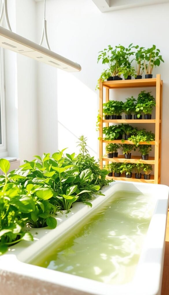 A spacious indoor hydroponic garden system, with flourishing leafy greens and herbs thriving in a bright, airy setting. The scene features a large, custom-built Styrofoam planter box filled with nutrient-rich water, its surface gently rippling. Sleek, minimalist lighting fixtures bathe the scene in a soft, natural glow, casting long shadows across the verdant foliage. In the background, a simple wooden shelving unit displays an array of vibrant, soil-free plants, their roots suspended in the hydroponic solution. The overall atmosphere is one of tranquility and self-sufficient indoor gardening, capturing the essence of an affordable, DIY hydroponic project for the home.