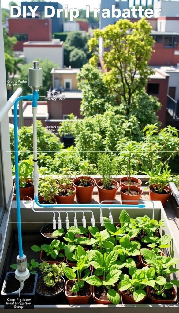 A step-by-step drip irrigation setup for an urban or balcony garden. A detailed, technically accurate diagram showing the various components arranged in a logical, visually appealing layout. The foreground features the essential elements like the water source, pressure regulator, distribution tubing, and emitters. The middle ground showcases the plant beds and pots being irrigated. The background depicts a lush, verdant urban setting with buildings, trees, and other greenery. The lighting is natural, with soft shadows and highlights that enhance the three-dimensional depth. The overall mood is informative, practical, and inspiring, encouraging readers to recreate this DIY drip irrigation system in their own small-space gardens.