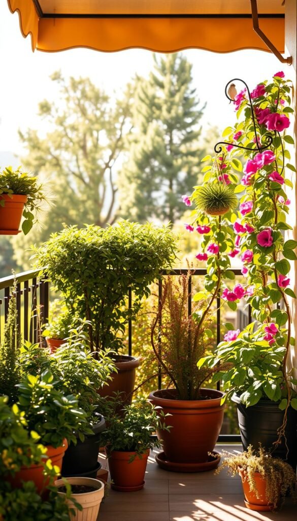 A sun-dappled balcony garden, lush with potted plants and trailing vines. In the foreground, a variety of natural pest deterrents - fragrant herbs, hanging baskets, and strategically placed bird feeders. The middle ground showcases a neatly trimmed shrub, its leaves untouched by pests, while the background features a wrought-iron trellis draped with vibrant flowers. Warm, golden light filters through a partially open awning, casting a soft glow over the entire scene. The composition conveys a sense of harmony and balance, with the focus on effective, eco-friendly solutions to maintain a thriving, pest-free balcony oasis.